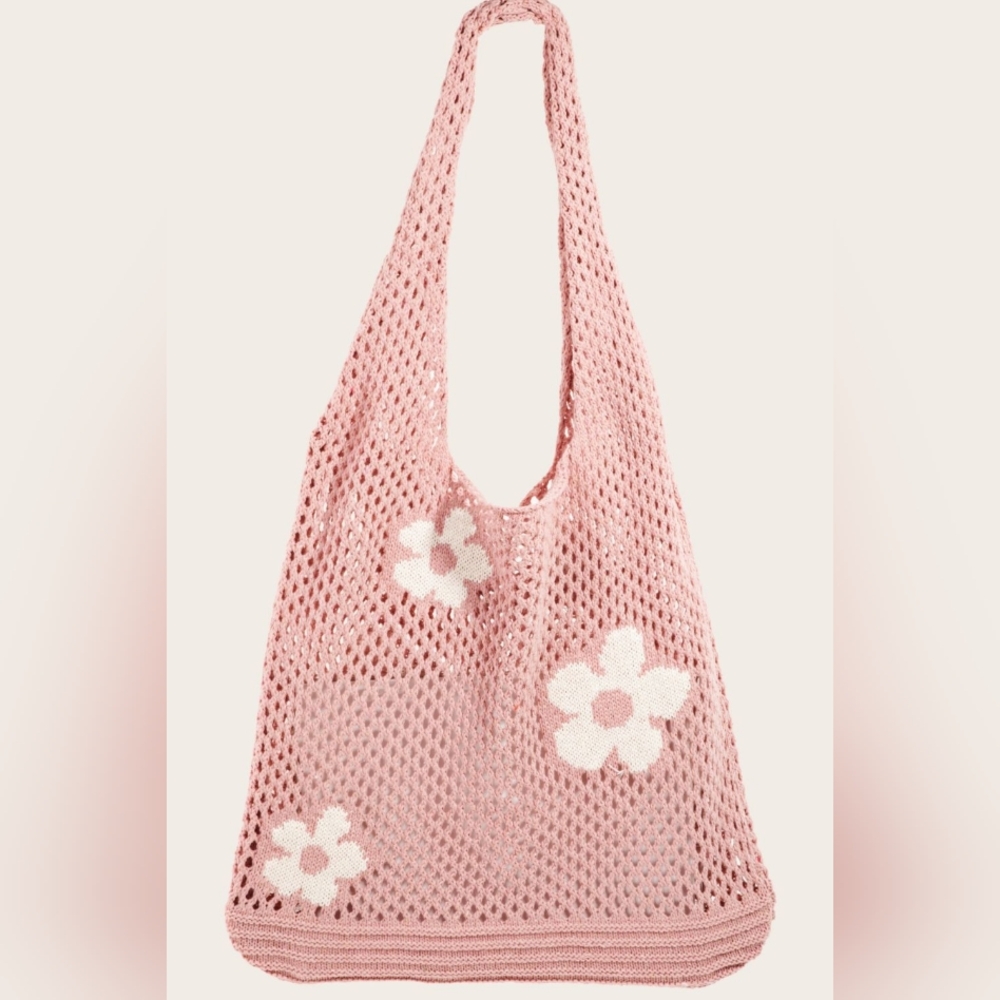 Pink Floral Knit Tote Bag